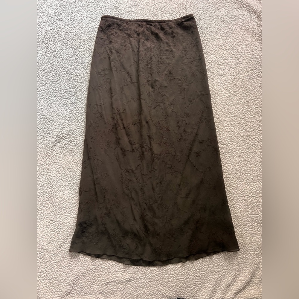 J. Jill Brown Maxi Skirt Silk Embroidered Lightweight Summer Boho Sz 10 Tall 10T - Picture 2 of 8